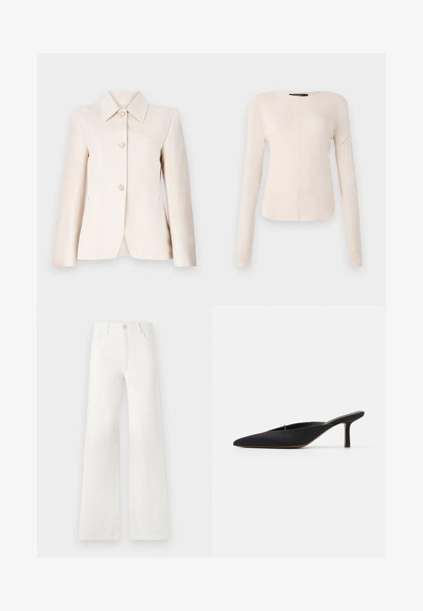 Lichtbeige blazer met een gelapte kraag, vijf knopen aan de voorkant en een gladde textuur. Getailleerde pasvorm met lange mouwen en zijzakken.; Langsleeve, lichtbeige top met een ronde halslijn. Gemaakt van zachte stof, heeft een centrale naad en een iets gebogen rand. Geen zichtbare hardware.; Witte, hoogwaist, wijde jeans van denim. Heeft een knoopsluiting, twee voorkruiszakken en zijnaadstiksel details.; Zwarte muiltje met spitse neus en een strak ontwerp, gemaakt van gladde stof, met een slanke hak en open achterkant voor gemakkelijk aan- en uittrekken.