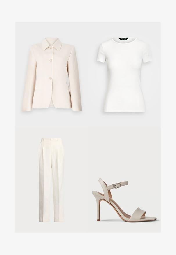 Svetlo bež blejzer z ovratnikom z režnjem, petimi sprednjimi gumbi in gladko teksturo. Prilagojen kroj z dolgimi rokavi in bočnimi žepi.; Bela bombažna majica s kratkimi rokavi, okroglim ovratnikom, prilegajočim krojem in gladko teksturo. Oznaka logotipa na ovratniku.; Polo Ralph Lauren HEMP WIDE LEG PANT - Hlače - nevis; Bež sandala na visoki pet, z gladkim usnjem, odprto konico, širokim sprednjim trakom in nastavljivim gležnjenjskim trakom z kovinsko zaponko.