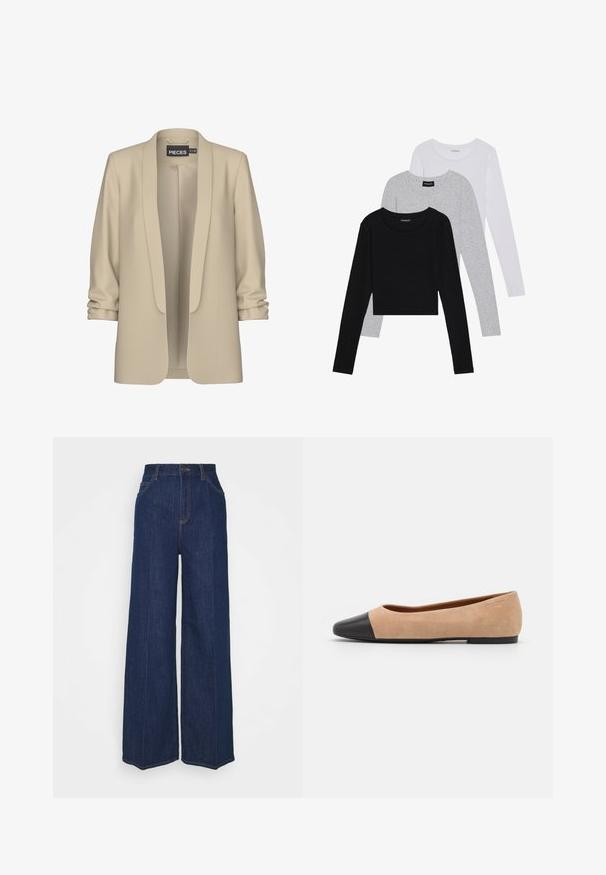 Blazer bege com colarinho chalé e aberto à frente. Textura suave e lisa; mangas 3/4 com um detalhe franzido. Sem fechos.; Três camisetas de manga longa empilhadas: preta, cinza e branca. Cada uma tem um decote redondo e um design cropped, feitas de um tecido leve e suave.; Jeans de denim escuros de cintura alta e perna larga, com bolsos frontais e traseiros, fecho com botão e detalhes de costura visíveis.; Bailarina em suede bege com biqueira arredondada em couro preto, salto baixo e textura suave, apresentando costura mínima e um design clean.