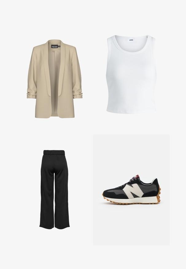 Vaalean beige takki, jossa on kauluksellinen ja avonainen etuosa. Pehmeä ja sileä kangas; 3/4-pituiset hihat, joissa on frunttipala. Ei kiinnityksiä.; Valkoinen ribbattu hihaton toppi, jossa on pyöreä pääntie ja lyhyt malli. Tunnuslukuna lukee "JJXX". Sujuva kangas.; Mustat, leveälahkeiset housut, joissa on joustava vyötärö, valmistettu sileästä kankaasta. Ominaisuuksia ovat puhdas muotoilu ilman taskuja tai näkyviä ompelusaumoja.; Mustat ja harmaat mokkakenkä, jossa on suuri kermanvärinen "N"-logo, violetit nauhat ja teksturoitu kumipohja.