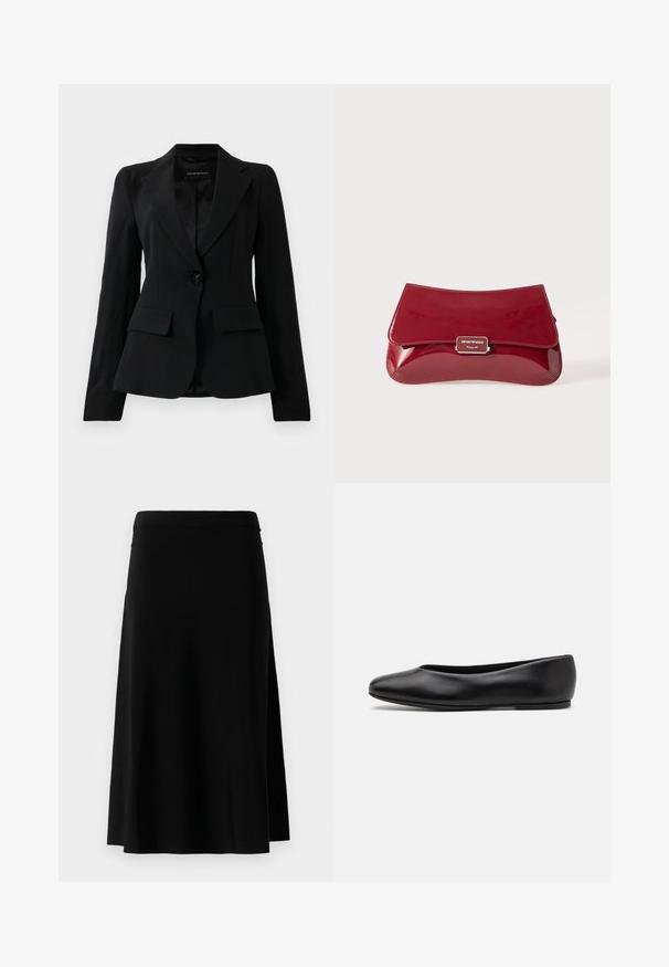 Černé tailored sako s klopami, jedním černým knoflíkem na zapínání a dvěma předními kapsami s klopami, vystavené na jednoduchém bílém pozadí.; Bílá blůza s krátkým rukávem a kulatým výstřihem, se čtvercovým detailem na přední části, vystavená na jednobarevném pozadí.; Černá sukně po kolena se střihovým střihem a bočním rozparkem, vystavená na bílém pozadí.; Paul Smith TOPANGA - Klasické baleríny  - black; Červená lakovaná kabelka s křivkovým designem, překlopným víkem a kovovým logem na stříbrné destičce. Hladký, lesklý povrch.