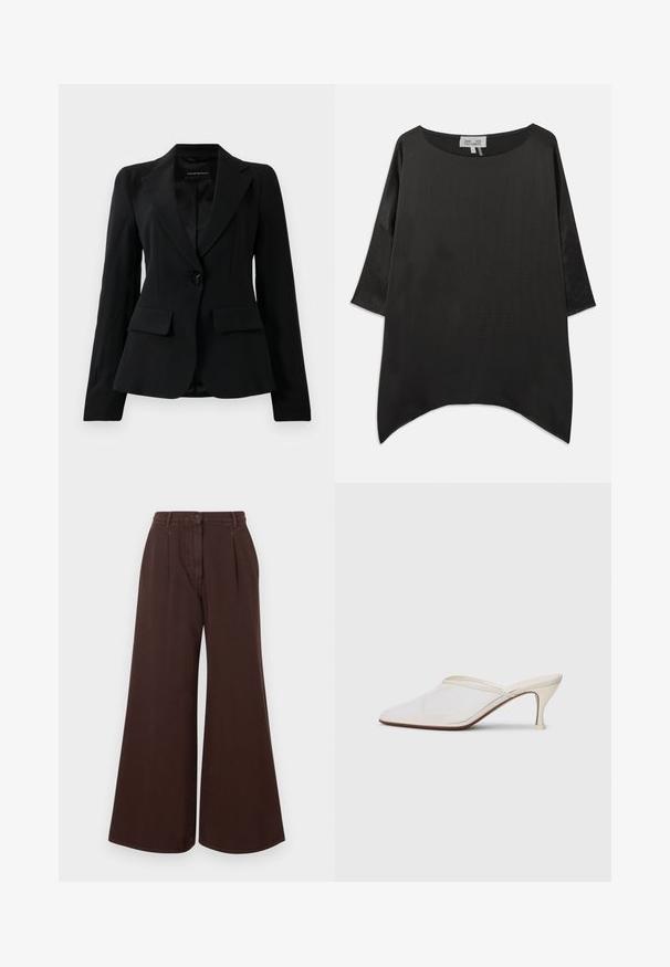 Svart skräddarsydd kavaj med snibbkrage, enkel svart knappstängning och två framfickor med lock, uppvisad mot en enfärgad vit bakgrund.; Svart oversized blus med rund halsringning, trekvartslånga ärmar och ett luftigt, strukturerat tyg. Har rundad nederkant och minimalistisk design.; Högmidjade vida bruna byxor med knapp- och dragkedjestängning, bältesöglor och framveck.; Vit nät-mule med spetsig tå, smal klack i medelhöjd och slip-on design mot en enkel bakgrund.