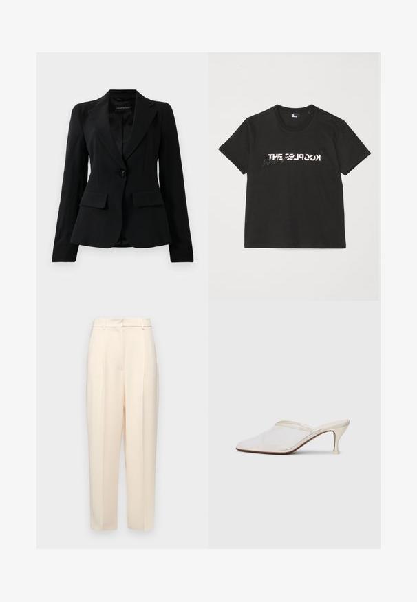 Mustmust jaotusega must ülikondjakk, millel on nurgelised klapid, üks must nööp sulgemiseks ja kaks eesmist klappi taskut, esitatud lihtsa valge tausta ees.; Must mustriba t-särk lühikeste varrukatega, mille ees on valge ja hall "THE 2LOOK" disain. Klassikaline ümmargune kaelus.; Beežid kohandatud püksid otse lõikega, ees volditud, siledast tekstuurist ja keskmise kõrgusega vöökoht. Nähtavaid taskuid ei ole.; Valge võrkmaterjalist teravatoa mulli king, millel on peen keskmise kõrgusega konts ja libisev disain, tühjal taustal.