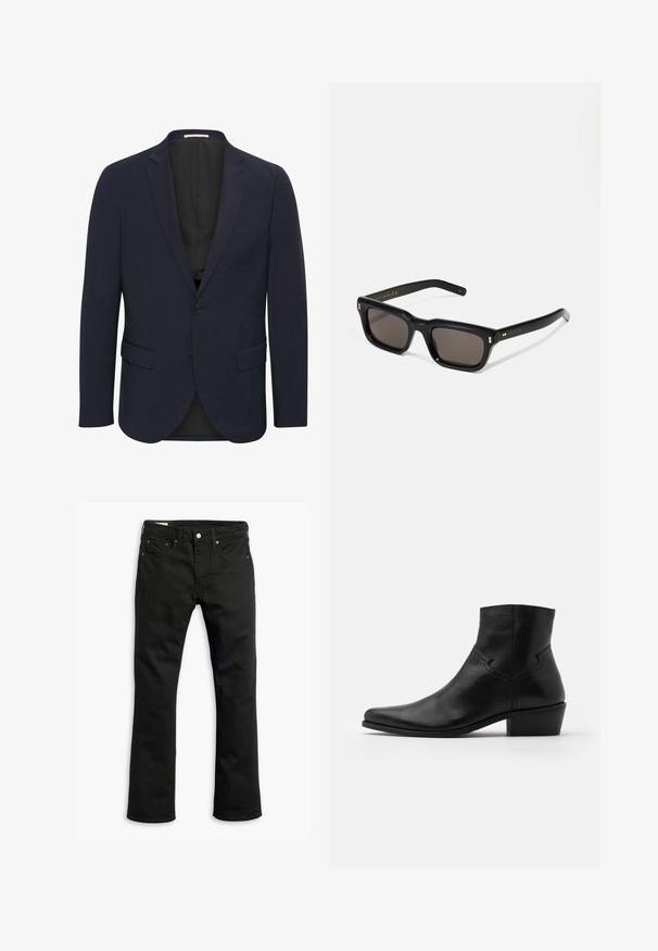 Mornarsko moder blejzer, izdelan iz gladke tkanine, z odrezanim ovratnikom, dvema sprednjima žepoma, enim gumbom za zapiranje in črnim notranjim podlogom.; Bež pulover z dolgimi rokavi in okroglo ovratnikom, izdelan iz mehkega materiala, z rebrastimi manšetami in robom, z gladko teksturo in minimalističnim oblikovanjem.; Črne kavbojke iz denima s ravno nogavico, petimi žepi, kovinskim gumbom za zapiranje in diskretnimi šivi. Gladka tekstura in enotna barva.; Črne usnjene gležnjarje s koničastim nosom, minimalnimi šivi, srednjo blok peto in gladko, sijočo obdelavo.; Črne pravokotne sončna očala s temnimi lečami, debelim plastičnim okvirjem, zlatimi detajli na templjih in izgravirano blagovno znamko na ročaju.