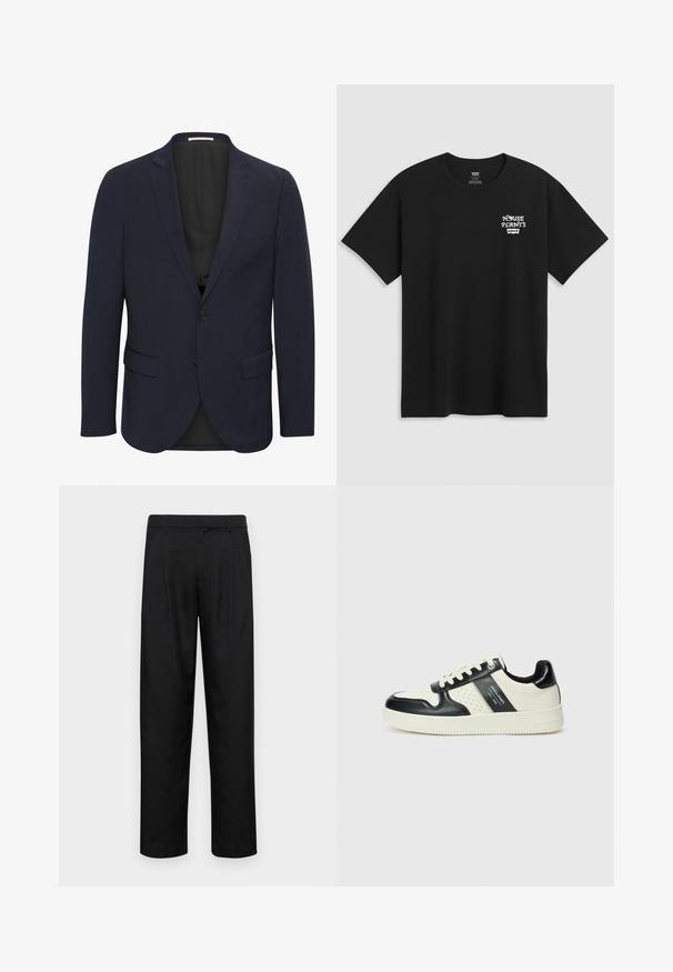 Tumedat sinine bleiser, mis on valmistatud siledast kangast, millel on sakiline krae, kaks esist pocketit, ühekohaline lukustus ja must sisekate.; Must musta t-särk, millel on rinnakrüpt, mis ütleb "KESKKOND" valgel stiliseeritud fontidega ja "Levi's" all. Klassikaline ümar kaelus.; Mustad mustadest riietest, millel on sirge jalgade disain, kaks eesmist voltimist ja tavaline vöökoht, millel on vöökohad.; Nahatud nahkkingad musta ja kreemi värviskeemiga, millel on perforeeritud aktsendid, pehme krae ja tekstureeritud tallad.