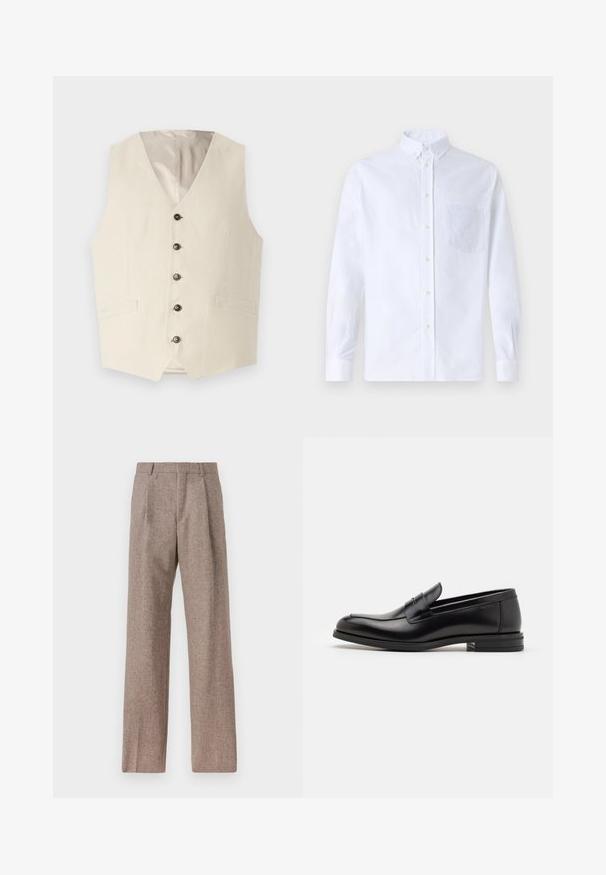 Bež laneni brezrokavnik z V-izrezom, petimi temnimi gumbi in dvema sprednjima žepoma. Notranjost je obložena v svetli barvi.; Bela dolgo rukava srajca s kragnico, izdelana iz bombaža, z žepom na prsih in toniranimi vezeninami ter gumbi na manšetah.; Rjave hlače z visokim pasom, izdelane iz teksturirane tkanine. Imajo široke noge in dve sprednji pregibi za strukturo. Urejen zaključek brez vidne strojne opreme.; Črne usnjene loafer čevlje z gladko teksturo, zaobljenim nosom in dekorativnim trakom čez zgornji del. Nizka zložena peta, minimalističen dizajn.