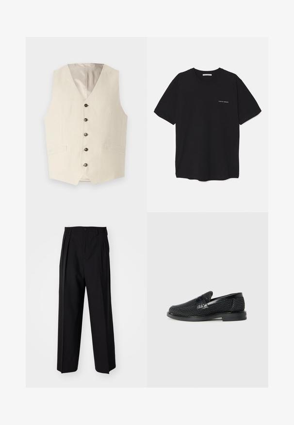 Bežinis lininis liemenė su V formos iškirpte, penkiomis tamsiomis sagomis ir dviem priekinėmis kišenėmis. Vidus išklotas šviesia spalva.; Juoda medvilninė marškinėlė su apykakle, trumpomis rankovėmis ir baltu logotipu kairėje krūtinės pusėje. Paprastas, vientisas spalvų dizainas.; Juodi klostuoti kelnių, su tiesiu, plačiu kojų dizainu. Pagaminti iš lygios medžiagos, su mygtukų uždarymu ir diržo kilputėmis.; Juodas pintas slip-on tipo batelis su lygiu odiniu akcentu viršuje, apvalios nosies dizainas ir žemas guminis padas.