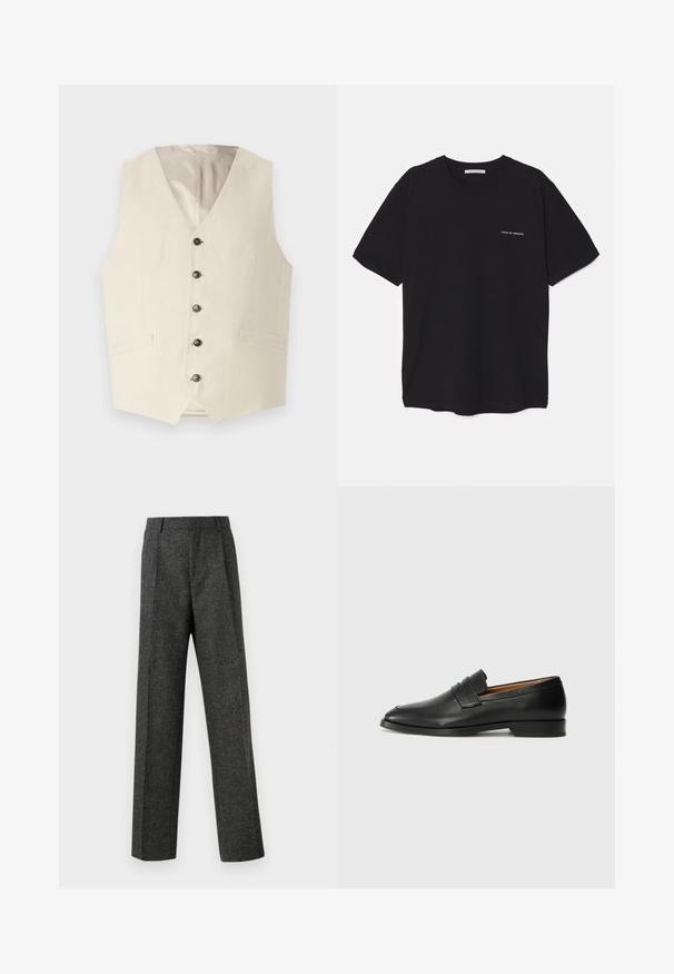 Beige linvest med V-hals, fem mørke knapper og to frontlommer. Innvendig er den foret i en lys farge.; Svart bomull T-skjorte med rund hals, korte ermer, og hvit logo trykk på venstre bryst. Enkel, ensfarget design.; Grå skreddersydde bukser laget av teksturert stoff, med to frontpleater og rette ben. Ingen synlige lommer eller dekorasjoner.; Svart skinnloafer med rund tå, subtilt sydd detaljering og lav hæl, med en glatt tekstur og minimalistisk design.