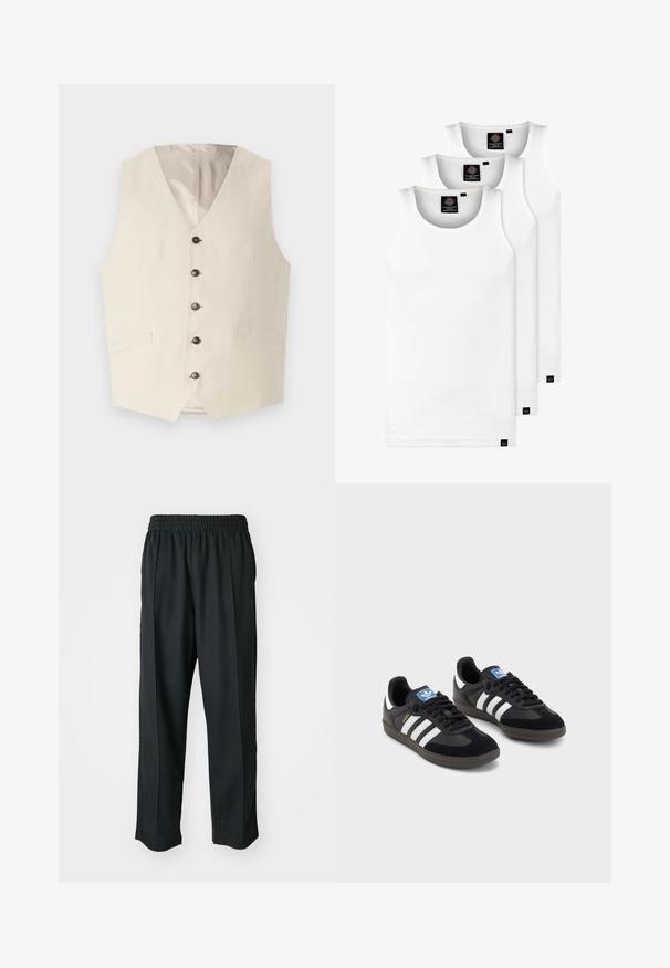 Beige liinavest, millel on V-kaelus, viis tumedat nööpi ja kaks esipakki. Sisepind on vooderdatud heledas värvitoonis.; Kolme valkoista ribbitekstiilistä toppia, jotka on valmistettu puuvillasta. Ominaisuuksiin kuuluu pyöreä pääntie ja pieni musta etiketti helman lähellä. Saatavilla useissa kooissa.; Mustat urheiluhaalarit, joissa on joustava vyötärö, valmistettu sileästä kankaasta, hienovaraisilla sivusaumalla ja rento istuvuus, suora lahjetyyppi.; Mustat lenkkarit, joissa on mokkanahka- ja synteettinen päällinen, kolmella valkoisella raidalla, tekstuurilla varustettu kumipohja ja sininen logo-etiketti kielellä.