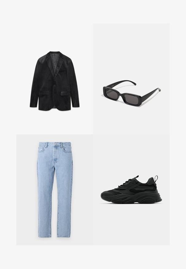 Black velvet blazer with a notched lapel, single button closure, two front pockets, and a smooth inner lining. Soft texture and classic design.; White long-sleeve button-up shirt made of smooth fabric. Features a classic collar, front buttons, and single-button cuffs. Slim fit design.; Light blue denim jeans with a straight-leg design, five pockets, and a button-fly closure. Soft texture with a classic faded finish.; Black athletic sneakers with a chunky sole, mesh panels, and rubber accents. Features a pull tab at the heel and textured patterns.; Black rectangular sunglasses with dark lenses, glossy finish, wide arms, and a chunky frame design. Engraved brand name on one arm.