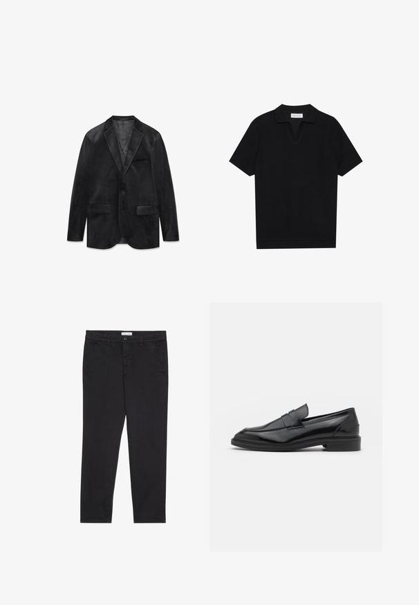 Juodas aksominis švarkas su įpjauta atlapu, vieno mygtuko užsegimu, dviem priekinių kišenių ir lygiu vidiniu pamušalu. Minkšta tekstūra ir klasikinis dizainas.; Juodas trumpas rankovėmis polo marškinėliai su tekstūruota, grioveliais audiniu, turi V formos iškirptę ir tiesų apačią. Nėra matomų logotipų ar raštų.; Juodos medvilnės kelnės su siauru pjūviu, turinčios dvi šonines kišenes ir priekinį mygtuko užsegimą. Audinys tekstūruotas su subtiliomis detalėmis.; Juodos odinės loafers batai su lygiu paviršiumi, turintys apvalią noselę ir siaurą juostelę per viršų. Žemas sluoksnis kulnas.
