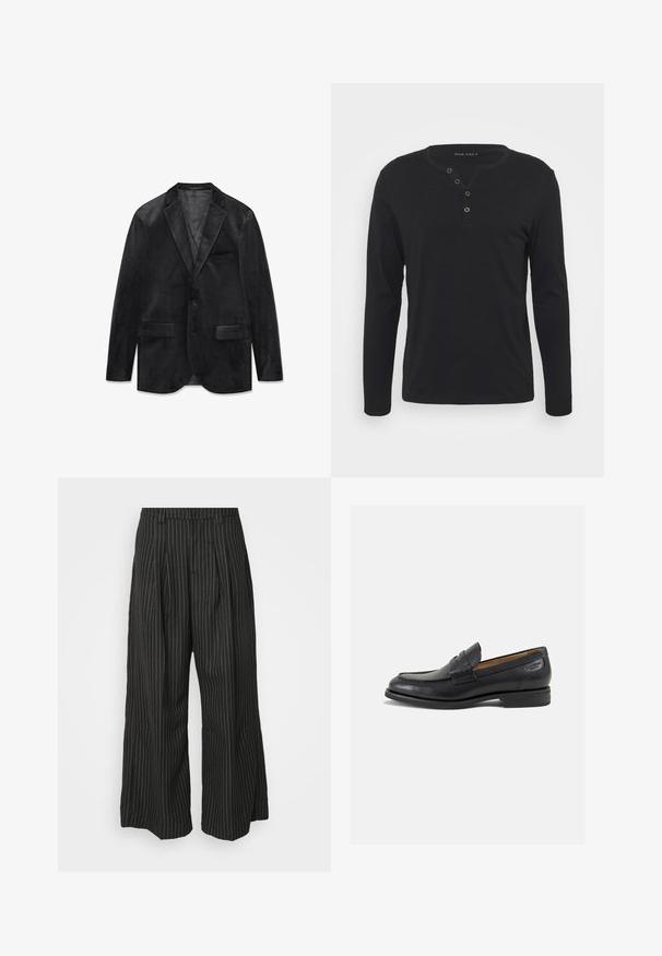 Melns samta žakete ar izgrieztu atloku, vienu pogu aizdari, divām priekšējām kabatām un gludu iekšējo oderi. Mīksta tekstūra un klasiskā dizaina.; Melna garo piedurkņu henley krekls, izgatavots no mīkstas auduma, ar pogātu plati, apaļu kakla izgriezumu un pieguļošām piedurknēm.; Melnas strīpainas platās bikses ar pieūgumiem, ar pielāgotu dizainu un mīkstu tekstūru. Nav redzamu detaļu vai akcentu.; Melnas ādas loafers ar gludu apdari, noapaļotu purngalu un dekoratīvām šuvēm uz virsu. Zems, sakrauta papēža un neliels spīdums.