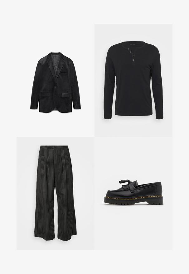 Černý sametový blejzr s výstřihem s klopami, zapínáním na jeden knoflík, dvěma předními kapsami a hladkým vnitřním podšívkem. Měkká textura a klasický design.; Černá dlouhá halenka s rukávy typu henley vyrobená z měkké tkaniny, s knoflíkovou légou, kulatým výstřihem a obtáhlými rukávy.; Černé široké kalhoty s pruhy a sklady, s propracovaným střihem a jemnou texturou. Žádné viditelné kovové díly ani akcenty.; Černé kožené mokasíny s třásněmi, se silnou černou podrážkou a žlutým prošíváním podél okraje. Texturovaný povrch.