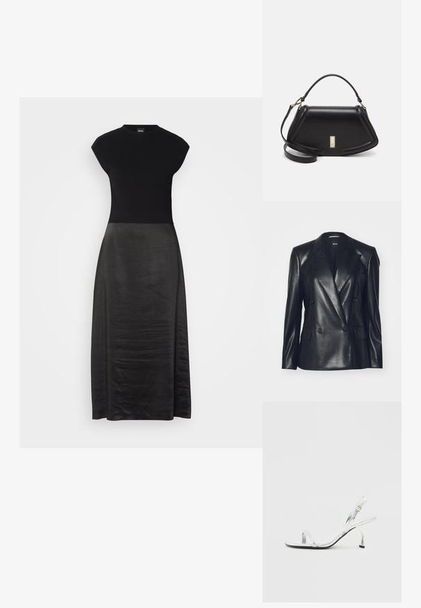Black leather double-breasted blazer with shiny texture, notched lapels, two front pockets, and black buttons. Designed for a tailored fit.; Black dress featuring a fitted bodice and flowing, silky skirt. Cap sleeves, round neckline, smooth texture, and ankle-length design.; Silver patent leather slingback high heel sandal with a narrow toe strap, adjustable buckle, and a slender heel.; Black leather handbag with a structured design, featuring a cropped shape, top handle, and gold hardware accent. Adjustable shoulder strap included.