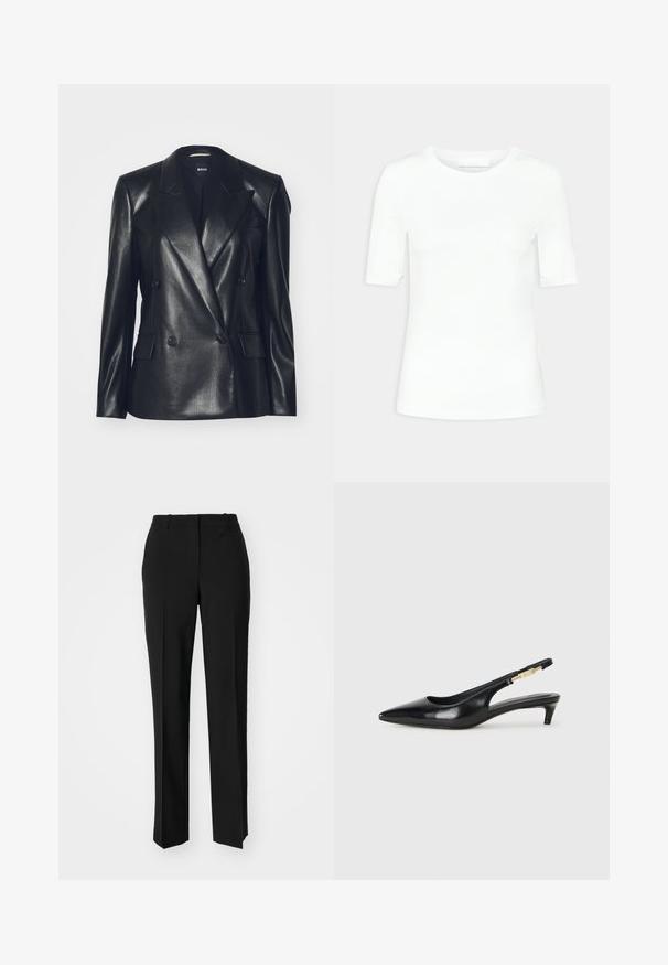 Black leather double-breasted blazer with shiny texture, notched lapels, two front pockets, and black buttons. Designed for a tailored fit.; White short-sleeve t-shirt made of soft cotton. Features a round neckline and a fitted silhouette with no patterns or visible hardware.; Black tailored trousers with a straight-leg design, featuring a smooth texture and crisp creases along the front. No visible hardware.; Black leather slingback heels with a pointed toe, featuring a slim heel and a gold-tone accent on the adjustable strap. Smooth texture.