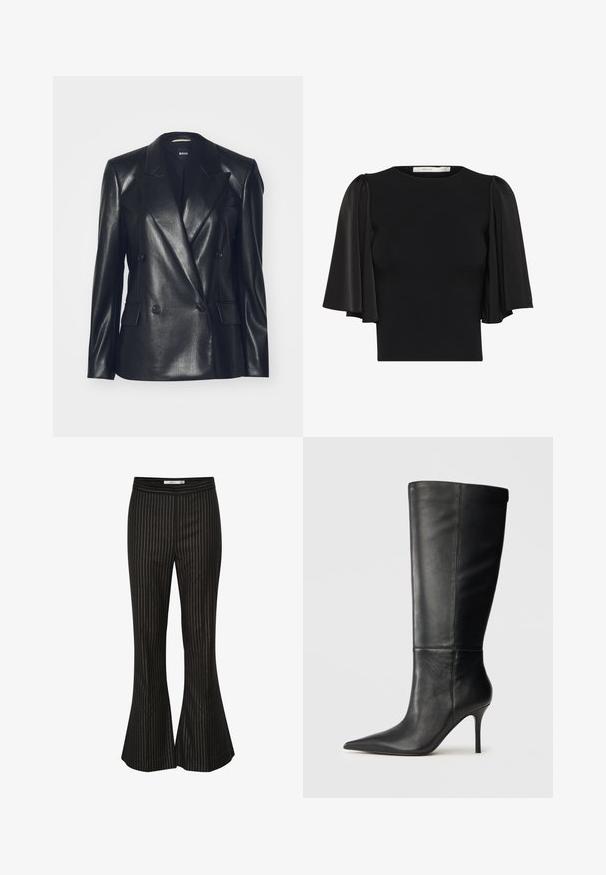 Μαύρο δερμάτινο σακάκι διπλής όψης με γυαλιστερή υφή, με καμπύλες γιακά, δύο μπροστινές τσέπες και μαύρα κουμπιά. Σχεδιασμένο για κομψή εφαρμογή.; Μαύρο τοπ με κοντά φουσκωτά μανίκια από διαφανές ύφασμα, στρογγυλή λαιμόκοψη και εφαρμοστή γραμμή. Μαλακή υφή με λεία φινίρισμα.; Μαύρες καμπάνες παντελόνες με λευκές κάθετες ρίγες, με λεία υφή και εφαρμοστή μέση, σχεδιασμένες για κομψή εφαρμογή.; Μαύρη δερμάτινη μπότες έως το γόνατο με κομμένο νύχι και λεπτό τακούνι στιλέτο, λεία υφή, πλάγια προφίλ σε ουδέτερο φόντο.