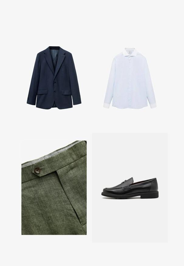 Navyblaues Blazer aus strukturiertem Stoff, mit einem Zwei-Knopf-Verschluss, Reverskragen und zwei seitlichen Taschen. Gefüttertes Innere.; Himmelblauses gestreiftes Langarmhemd mit weißem Kragen und Manschetten, mit einer Knopfleiste vorne und einem abgerundeten Saum. Glatte Stofftextur.; Olivengrüne Leinenhose mit einem Bundfalten, ausgestattet mit einem Knopfverschluss und einem kontrastierenden karierten Futter am Bund.; Schwarze synthetische Slipper mit einer markanten gesteppten Vorderseite, gepolstertem Fußbett und flacher Gummisohle; schlankes Design mit minimaler Detailverarbeitung.