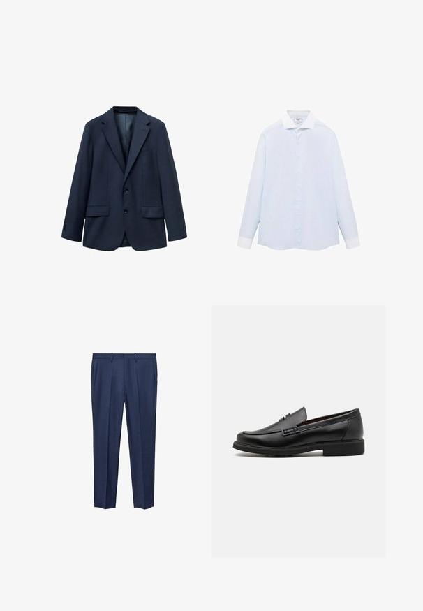 Navyblaues Blazer aus strukturiertem Stoff, mit einem Zwei-Knopf-Verschluss, Reverskragen und zwei seitlichen Taschen. Gefüttertes Innere.; Himmelblauses gestreiftes Langarmhemd mit weißem Kragen und Manschetten, mit einer Knopfleiste vorne und einem abgerundeten Saum. Glatte Stofftextur.; Marineblaue Hose aus strukturiertem Material, mit flachem Bund, zwei Seitentaschen und geradem Bein.; Schwarze synthetische Slipper mit einer markanten gesteppten Vorderseite, gepolstertem Fußbett und flacher Gummisohle; schlankes Design mit minimaler Detailverarbeitung.