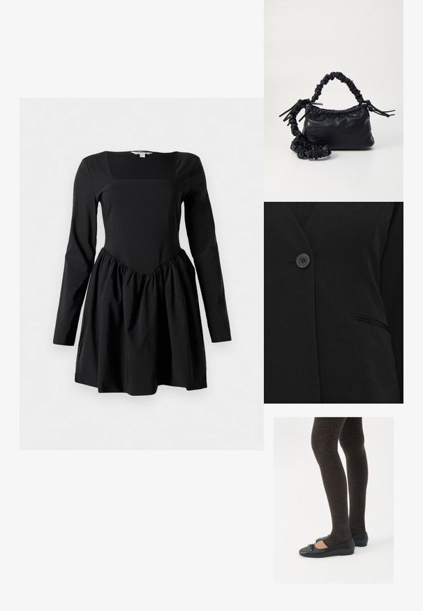 Jediný černý knoflík zapínající černý blejzr poblíž jedné kapsy s lemováním na pravé straně.; Černé dlouhé šaty s hranatým výstřihem, přiléhavým korzetem a nařasenou sukní. Vyrobeny z měkké látky s hladkým povrchem.; Černé ploché boty s malou mašlí na špičce, kombinované s tmavě hnědými žebrovanými punčochami. Boty mají hladký povrch a nízký profil.; Černá kabelka z umělé kůže s krokodýlím vzorem, staženým vrškem a zmačkaným popruhem. Zdá se, že má měkký a kompaktní design.