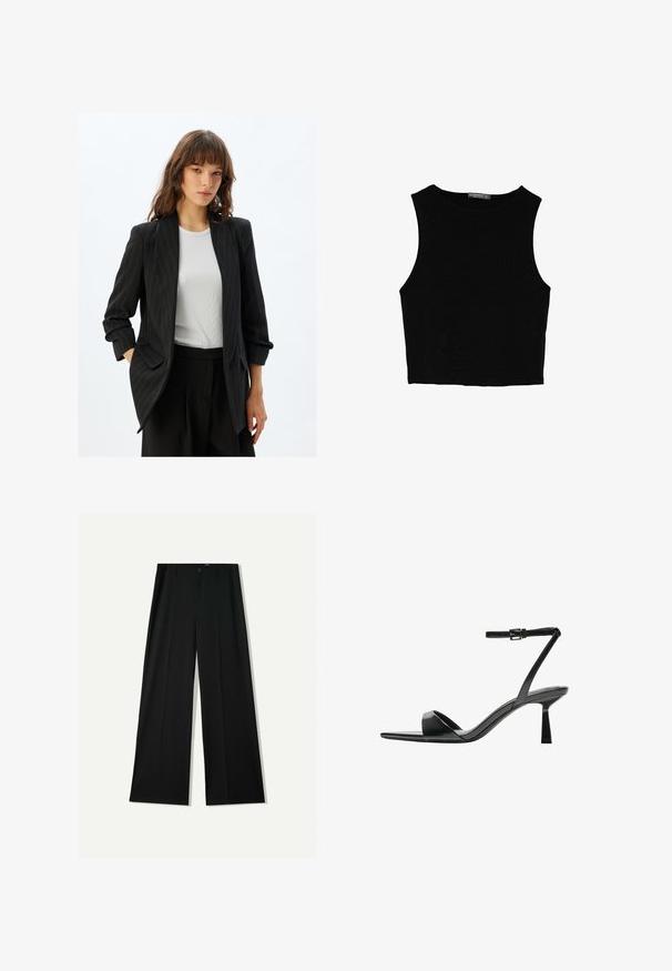 Musta raidallinen bleiseri, jossa on suunniteltu muotoilu, shawl-kraava ja sivutaskut. Yhdistetty valkoisen ribbipaidan kanssa sen alla.; Musta hihaton crop-top, joka on valmistettu sileästä kankaasta, jossa on pyöreä kaula-aukko ja siisti, yksinkertainen muotoilu ilman kuvioita tai varusteita.; Bershka WIDE - Housut - black; Bershka Korolliset sandaalit - black