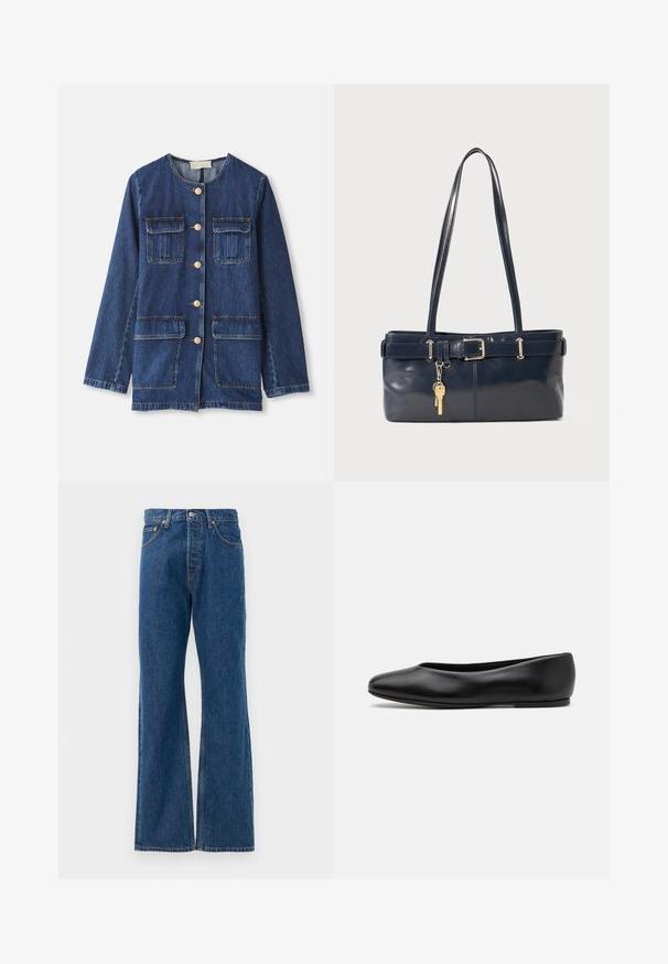 Chaqueta de denim, azul, con cuello redondo, cierre de botones en el front, dos bolsillo en el pecho y dos bolsillos inferiores; presenta botones y costuras en tono dorado.; Camisa de botones a rayas con base blanca, que presenta líneas multicolores estrechas en azul, naranja y verde. Mangas largas y cuello clásico.; Vaqueros acampanados de mezclilla azul con alta cintura, que cuentan con cinco bolsillos, un cierre de botón plateado y costuras visibles.; Paul Smith TOPANGA - Bailarinas - black; Bolso de mano de cuero navy con dos asas largas, un detalle de hebilla y un llavero adjunto. Presenta una textura suave y una forma rectangular.