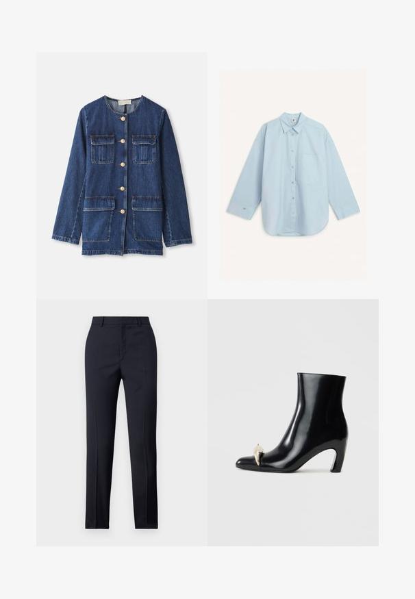 Džínová bunda, modrá, s okrúhlym výstrihom, zapínaním na gombíky, dvoma náprsnými vreckami a dvoma spodnými vreckami; obsahuje gombíky a švy v zlatej farbe.; By Malene Birger DERRIS - Blúzka so zapínaním na gombíky - light blue; Námornícke nohavice s rovnými nohavicami, so hladkou textúrou, dvoma prednými vreckami a čistým pásom.; Čierne členkové topánky vyrobené z lesklej kože, s ostrou špičkou a dekoratívnym zlatým a strieborným akcentom vpredu. Dizajn na blokovom podpätku.