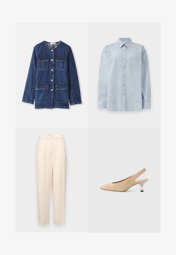 Jeansjacke, blau, mit Rundhalsausschnitt, Knopfleiste, zwei Brusttaschen und zwei unteren Taschen; mit goldfarbenen Knöpfen und Nähten.; Hellblaues Langarmhemd mit Knopfverschluss, spitzem Kragen und Brusttasche, flach auf einem weißen Hintergrund ausgelegt.; Beige maßgeschneiderte Hose mit geradem Schnitt, mit Falten an der Vorderseite, einer glatten Textur und einer mittelhohen Taille. Keine sichtbaren Taschen.; Beige Wildleder Slingback-Schuh mit einer spitzen Zehenpartie und einem transparenten, runden Absatz. Glatte Textur und minimalistisches Design.