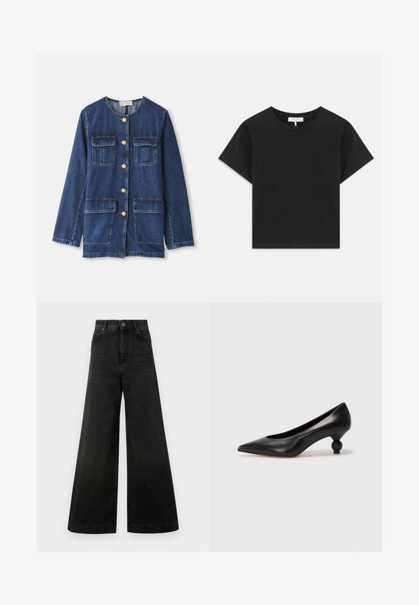 Jachetă din denim, albastră, cu guler rotund, închidere cu nasturi, două buzunare la piept și două buzunare inferioare; prezintă nasturi și cusături de culoare aurie.; Tricou scurt negru din bumbac, cu un gât rotund, mâneci scurte și un design simplu, fără modele sau embellismente.; Blugi cu talie înaltă și croială largă pe picior, din denim negru închis. Caracteristicile includ un închizător cu nasturi, buzunare frontale și o textură netedă cu decolorări minime.; Pantofii cu toc înalt din piele neagră, cu vârf ascuțit și toc rotund, mimos. Textură netedă, cu un design elegant și minimalist.