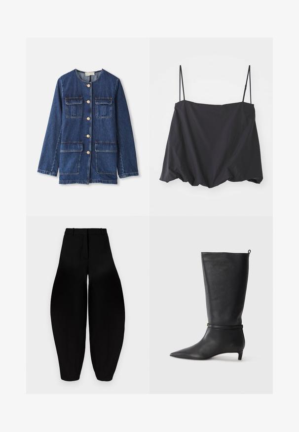 Chaqueta de denim, azul, con cuello redondo, cierre de botones en el front, dos bolsillo en el pecho y dos bolsillos inferiores; presenta botones y costuras en tono dorado.; Top negro sin mangas con tirantes finos, de corte holgado y con dobladillo fruncido. Está hecho de una tela ligera con textura suave.; Pantalones negros de pierna ancha con cintura alta, frente plisado y tobillos estrechos. Fabricados en un tejido suave con acabado mate.; Bota de cuero negro hasta la rodilla con punta afilada, acentuada por una correa circular alrededor del tobillo y un tacón bajo y afilado. Textura suave.