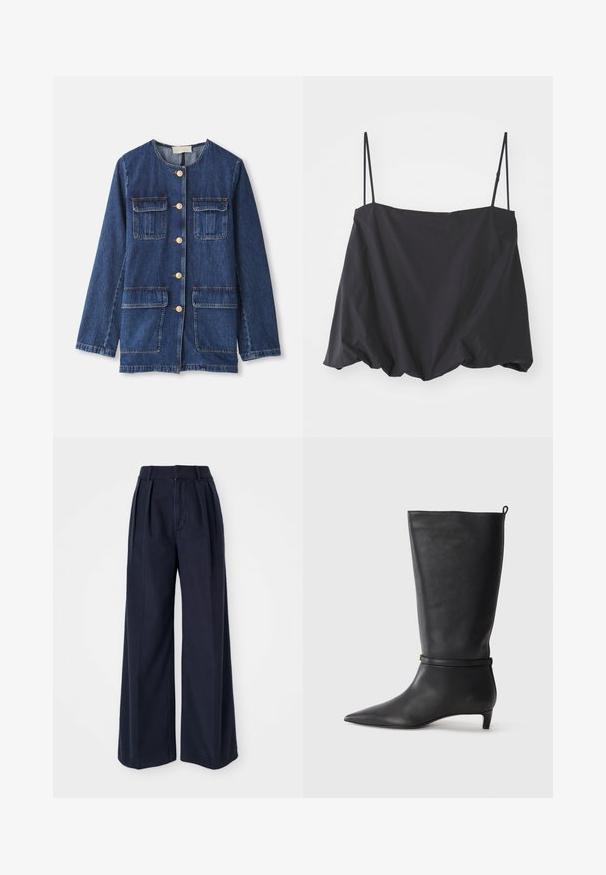 Džinsinis švarkas, mėlynas, su apvaliu kaklu, mygtukų užsegimu, dviem krūtinės kišenėmis ir dviem apatinėmis kišenėmis; turi auksinės spalvos mygtukus ir siuvinėjimą.; Juodas be rankovių viršus su plonomis petnešėlėmis, laisvas siluetas ir surinkta apatinė dalis. Pagamintas iš lengvos medžiagos su lygiu paviršiumi.; Tamsiai mėlynos pločio kojų kelnės, pagamintos iš medvilnės, su klostėmis priekyje, aukštu juosmeniu ir užtrauktuku su mygtuku.; Juodas odinis iki kelių botas su smailiu batu, akcentuotas apvaliu diržu aplink kulkšnį ir žemu, siaurėjančiu kulnu. Lygi tekstūra.