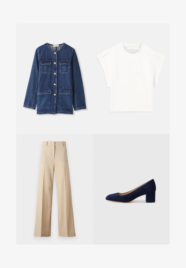Chaqueta de denim, azul, con cuello redondo, cierre de botones en el front, dos bolsillo en el pecho y dos bolsillos inferiores; presenta botones y costuras en tono dorado.; Camiseta blanca de corte cuadrado con mangas cortas. Fabricada con un tejido suave, presenta un escote redondo y sutiles acentos en los hombros. Diseño sencillo.; Pantalones de pierna ancha en beige, fabricados en un tejido suave, con un frente plano con pliegues, cremallera y presillas para cinturón. Ajuste entallado en general.; Zapato de tacón de ante azul marino con punta afilada y tacón bloque de altura media. Textura suave con un ligero brillo y un pequeño corte en la parte delantera.