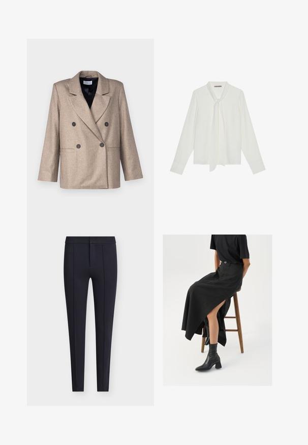 Beige kaksirivinene bleiseri, jossa on viisto kaulus, mustat napit ja kaksi etutaskua. Valmistettu strukturoidusta kankaasta, jossa on hieman ylisuuressa oleva istuvuus.; Valkoinen pitkähihaiset paita, joka on valmistettu sileästä kankaasta ja jossa on solmimisnauha kaulassa sekä muotoillut hihansuut. Yksinkertainen, klassinen muotoilu ilman kuvioita.; Laivastonsiniset räätälöidyt housut, jotka on valmistettu sileästä kankaasta. Housuilla on istuva siluetti, etutaitokset ja piilotettu vetoketjukiinnitys nappisululla.; Musta pellavasta valmistettu maxi-hame, jossa on korkea halkio, puettuna mustan t-paidan ja mustien nilkkabootsien kanssa. Minimalistinen muotoilu, rento istuvuus.