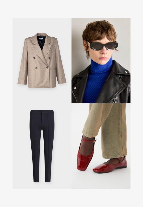 Béžový dvouřadý blazer s klopami, černými knoflíky a dvěma předními kapsami. Vyroben z texturované látky, s mírně oversized střihem.; Bílá halenka s dlouhým rukávem vyrobená z hladkého materiálu, s kravatou u krku a přizpůsobenými manžetami. Jednoduchý, klasický design bez vzorů.; Tmavě modré kalhoty na míru z hladké látky, s přiléhavým střihem, s předními záhyby a skrytým zipem na knoflíkovou sponu.; Červené lakované kožené boty se čtveratým špičkou, nízkým podpatkem a páskem kolem kotníku, které jsou zkombinovány s širokými světle zelenými džíny. Hladký povrch, reflexní vzhled.; Černé sluneční brýle s zaoblenými hranami a tónovanými skly. Obsahují zlaté akcenty na rámech. Noseny s modrým žebrovaným rolákem a koženou bundou.