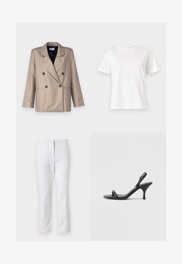 Bež sako s dvostrukim kopčanjem, klapnim reverima, crnim gumbima i dva prednja džepa. Izrađeno od teksturiranog materijala, s lagano oversized krojem.; Bijela pamučna majica s kratkim rukavima, okruglim izrezom i opuštenim krojem. Glatka tekstura, bez uzoraka ili akcenata, minimalistički dizajn.; Bijele pamučne hlače ravnog kroja, sa strukom srednje visine i bez vidljivih metalnih dijelova ili uzoraka. Glatka tekstura kroz cijelu dužinu.; Crne kožne sandale na visoku petu s tankom, zakrivljenom petom i dizajnom prekriženih traka. Podesiva traka oko gležnja. Glatka tekstura.