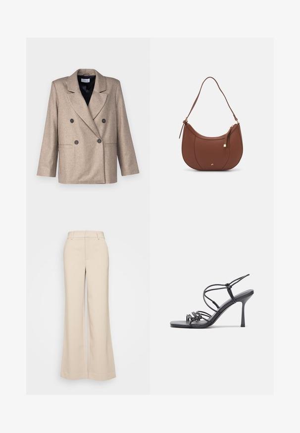 Beżowa marynarka dwurzędowa z klapami, czarnymi guzikami i dwiema przednimi kieszeniami. Wykonana z fakturowanej tkaniny, o lekko oversize'owym kroju.; Czarny krótki top z golfem, wykonany z lekkiego materiału o gładkiej teksturze i dopasowanym kroju, z wysokim kołnierzem.; Beżowe spodnie szerokie z gładką strukturą, z wysokim stanem i dwoma przednimi kieszeniami. Czysty design o dopasowanym kroju.; Czarne sandały na wysokim obcasie mają cienkie paski z węzłowym wzorem, gładki, kwadratowy czubek i smukły obcas w stylu szpilki.; Brązowa torebka na ramię z eko-skóry o zaokrąglonym kształcie, z minimalnym przeszyciem i złotym akcentem na okuciach. Posiada zamek błyskawiczny u góry oraz regulowany pasek.; Srebrne kolczyki na biglu o gładkim, błyszczącym wykończeniu. O zaokrąglonym kształcie, lekkim designie, z zamknięciem na zatrzask.