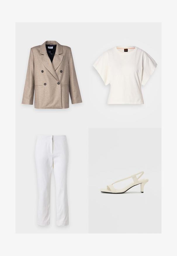 Beige, kétsoros zakó, díszített hajtóművekkel, fekete gombokkal és két elülső zsebbel. Texturált anyagból készült, enyhén oversized fazonnal.; Fehér, rövid, bő ujjú, crop szabású póló, puha pamut anyagból, kerek nyakkivágással, finom narancssárga díszítéssel, minimalista dizájn, minta vagy grafika nélkül.; Fehér pamut nadrág egyenes lábformával, közepes derékkal, látható fémrészek vagy minták nélkül. Sima textúra az egész anyagon.; Beige színű, blokksarkú szandálok vékony pántokkal és négyzet alakú orral. Simább anyag, minimális részletezéssel, amely könnyű viselésre lett tervezve.