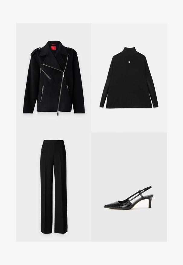 Juodas švarkas, pagamintas iš vilnos ir sintetinių pluoštų mišinio, su asimetriniu užtrauktuku, trimis užtrauktukais uždaromomis kišenėmis, pečių epauletais ir tekstūruota medžiaga.; Juodas golfas ilgomis rankovėmis, su mažos baltos širdies emblema ant krūtinės. Minkšta medžiaga ir laisvas siluetas.; Juodi platūs kelnių kelnės su lygiu paviršiumi, turinčios aukštą liemenį ir centrinės raukšlės. Nėra matomų raštų ar metalinių detalių.; Juodai lakuoti slingback aukštakulniai su smailiu nosiu, su tekstūruotu gyvatės raštu, reguliuojama juosta ir trumpu, tekstūruotu blokiniu kulnu.