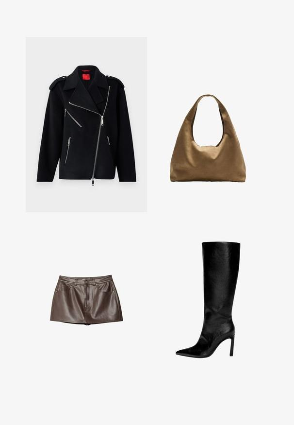 Schwarze Jacke aus einem Wollmix, mit asymmetrischem Reißverschluss, drei Reißverschlusstaschen, Schulterklappen und strukturiertem Stoff.; Schwarzes kurzärmliges T-Shirt aus glattem Stoff. Mit Rundhalsausschnitt und einer lockeren Passform sowie einem geraden Saum.; Brauner Leder-Minirock mit glatter Textur, Gürtelschlaufen, Vordertaschen und einem Knopfverschluss an der Taille.; Knöchelhoher schwarzer Lederstiefel mit spitzem Zeh, hohem Stöckelabsatz, glatter Oberfläche und einem einfachen, eleganten Design ohne Verzierungen.; Braune Stoffschultertasche mit einem breiten, runden Körper und einem großen Ausschnittgriff. Sanfte Textur, minimalistisches Design und keine sichtbaren Beschläge.