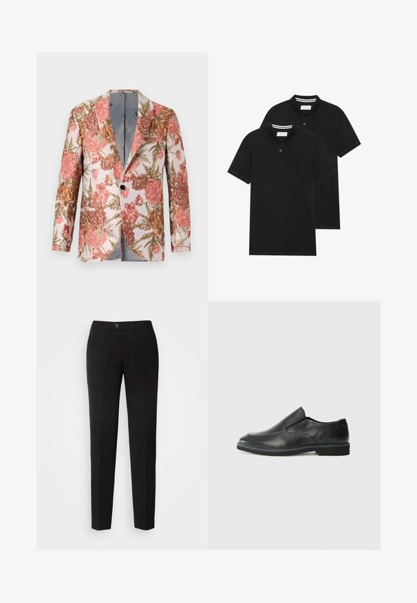 Sacou floral cu un fundal deschis, decorat cu flori în nuanțe de roz, portocaliu și verde. Realizat dintr-un material texturat, cu un singur nasture.; Două tricouri polo negre, cu mânecă scurtă, din material de bumbac, având un guler clasic, deschidere cu două butoane și accente albe cu dungi în interiorul gulerului.; Pantaloni negri cu picioare drepte, dintr-un material neted, având închidere cu nasture și buzunare laterale, cu un design clasic.; Pantof de piele neagră, tip slip-on, cu un superior neted, accente cusute, vârf rotunjit și un toc jos din cauciuc. Talpa are un profil minim de aderență.
