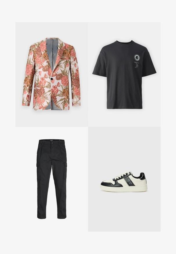 Blomstrig blazer med ljus bakgrund, prydd med rosa, orange och gröna blommande blommor. Tillverkad av strukturerad tyg med en enda knapp.; Svart bomullströja med korta ärmar, rund hals och framsidan prydd med grafik av en sol och en måne, tillsammans med texten "Le Soleil et La Lune."; Svarta cargobyxor tillverkade av hållbart tyg, med flera fickor, knappstängning och en smal passform med avsmalnande ben.; Läder sneakers med en svart och krämfärgad färgsättning, med perforerade detaljer, en vadderad krage och en strukturerad yttersula.