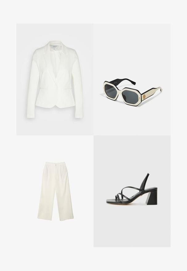 Weißer, taillierter Blazer aus weichem Stoff mit einem Knopfverschluss, Reverskragen und zwei vorderen Taschen. Glatte Textur und maßgeschneiderte Form.; Schwarzes Camisole mit zartem Spitzenbesatz entlang der Kanten, asymmetrischem Design, verstellbaren Trägern und glattem satinähnlichem Stoff.; Helle Stoffhose mit weitem Bein und glatter Textur, ausgestattet mit einem einzelnen Knopf vorne, dezenten Falten und einem Hochbund-Design.; Schwarze High Heels Sandalen mit quadratischer Zehenpartie, die mehrere dünne Riemen und einen geometrischen Blockabsatz aufweisen. Glatte Ledertextur und minimales Design.; Sonnenbrille mit einem oktagonalen weißen Rahmen, schwarzen Kanten und grauen Gläsern. Ein goldenes Logodetail an der Seite verleiht einen markanten Akzent.; Weiße Lederhandtasche mit goldfarbenen Beschlägen, ausgestattet mit einer Klappenverschluss und einem abnehmbaren, verstellbaren Riemen. Runde Metallakzente in der Mitte.