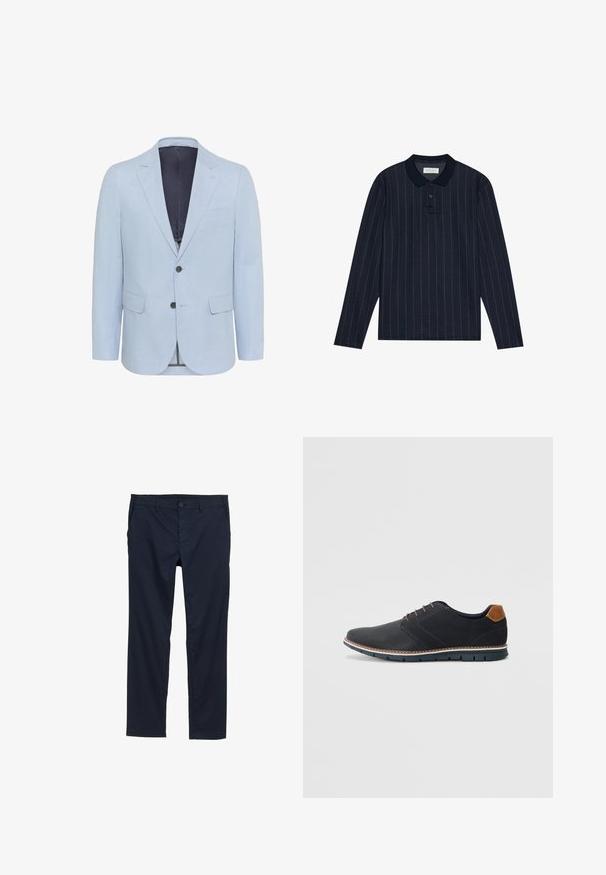 Šviesiai mėlyna bleizeris pagamintas iš tekstūruoto audinio, su įpjovimu ant apykaklės, dviem mygtukais ir dviem priekinių kišenėlių. Vidus pamuštas tamsia spalva.; Jūros mėlynos ilgos rankovės polo marškiniai su apykaklės iškirpte, su plonomis vertikaliomis juostelėmis ir trims mygtukais. Minkšta audinio tekstūra.; Jūržydros mėlynos spalvos lengvi kelnių modeliai su lygiu paviršiumi, tiesiomis kojų linijomis, sagčių uždarymu ir šoninėmis kišenėmis.; Juodi sintetiniai batai su tekstūruotu paviršiumi, lygiomis detalėmis, ruda kulna ir kontrastingu padu. Yra minimalus raištelių užsidėjimas ir siuvimo detalės.