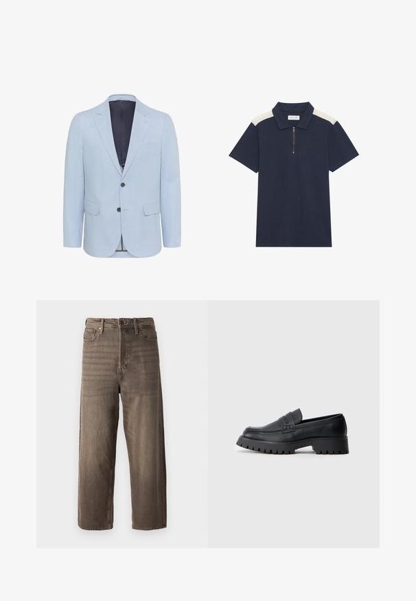 Hele sinise bleiser, mis on valmistatud tekstuuritud kangast, millel on sälgutaskud, kaks nuppu ja kaks esistaskut. Sisepind on vooderdatud tumeda värviga.; Tumedasinine lühikese varrukaga polo särk valgete õlavarre paneelidega ja veerand-zip-kinnitusega tekstuuritud kangal.; Prunad laiad teksapüksid, mis on valmistatud denimist. Omab lukuga kannet, vöölukke ja viit taskut. Kangas näitab tuhmuvat, tekstuurset välimust.; Mustad mustad nahast loafers ümarate varvastega, dekoratiivse rihmaga ja turske kummitald koos sügavate tallaga, et tagada haarde.