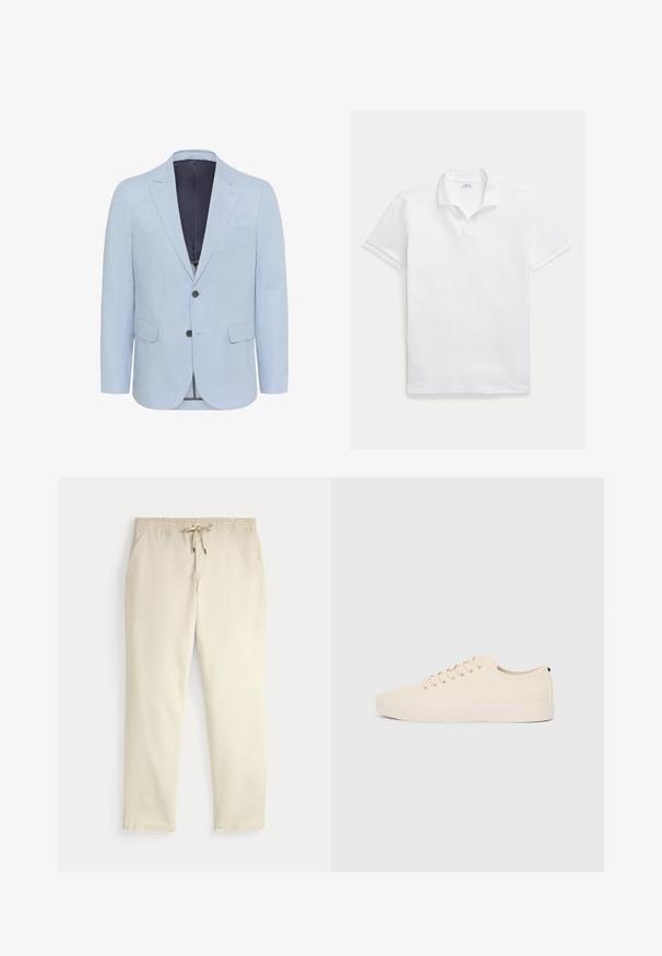Hele sinise bleiser, mis on valmistatud tekstuuritud kangast, millel on sälgutaskud, kaks nuppu ja kaks esistaskut. Sisepind on vooderdatud tumeda värviga.; Valge puuvillane polo-särk. Omadused: klassikaline krae, lühikesed varrukad ja rinnal tikitud logo. Sile ja kerge tekstuur.; Kreemjatavad vabaaja püksid elastse vöökoha ja tõmbluku, sirgete jalgade ja küljetaskutega tavalise tausta ees.; Beige kangastossud ümmarguse ninaga, tasase kummist lõhenemisega ja nööridega ees. Omab minimaalset disaini ja kontrastset musta aktsenti kanna piirkonnas.
