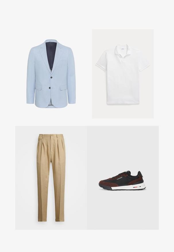 Šviesiai mėlyna bleizeris pagamintas iš tekstūruoto audinio, su įpjovimu ant apykaklės, dviem mygtukais ir dviem priekinių kišenėlių. Vidus pamuštas tamsia spalva.; Balti polo marškinėliai, pagaminti iš medvilnės. Yra klasikinis apykaklė, trumpomis rankovėmis ir siuvinėtas logotipas ant krūtinės. Lygus, lengvas audinys.; Bežinės lininės kelnės tiesaus kirpimo, turinčios dvi priekinės klostes, sagų užsegimą ir šonines kišenes. Tekstūruotas audinys su lygiu paviršiumi.; Tommy Hilfiger RETRO RUNNER MIX - Sportbačiai - black/cocoa