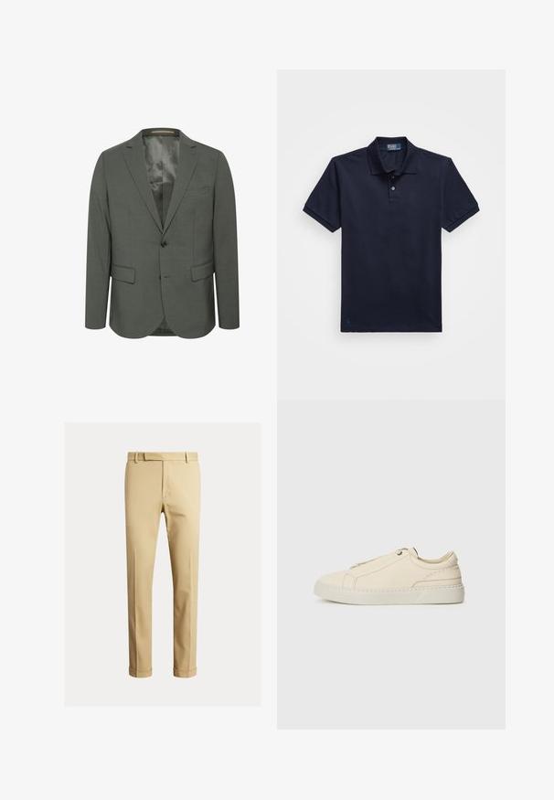 Blazer grigio in un tessuto testurizzato, con chiusura a due bottoni, rever a punta e due tasche frontali. Interno foderato senza motivi.; Polo shirt blu navy realizzato in tessuto testurizzato, con una patta a due bottoni e un piccolo logo ricamato sull'orlo. Maniche corte.; Chino kaki realizzati in morbido cotone, con un design aderente, pinces frontali e orli alla caviglia per un look affusolato.; Sneaker in pelle beige con punta arrotondata, design minimalista, dettagli di cucitura sottili e una parte superiore testurizzata, su una suola chiara.