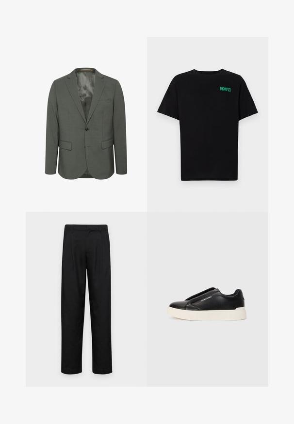 Pilkšvas švarkas iš tekstūrinės medžiagos, su dviem sagomis priekyje, notch tipo apykakle ir dviem priekinėmis kišenėmis. Vidus pamuštas, be raštų.; Juodas medvilninis marškinėliai trumpomis rankovėmis. Priekyje yra žalias „ROOTS“ logotipas, apvalus iškirpimas ir standartinė prigludimo forma.; Juodi kelnių modeliai, pagaminti iš lygios medžiagos, turi tiesią kojas, du priekiniai klostės ir standartinę juosmenį su diržo kilpomis.; Juodi slip-on sportbačiai su tekstūruota odos viršutine dalimi, balta gumine padai ir be matomų raištelių. Šone yra prekės ženklo logotipas.