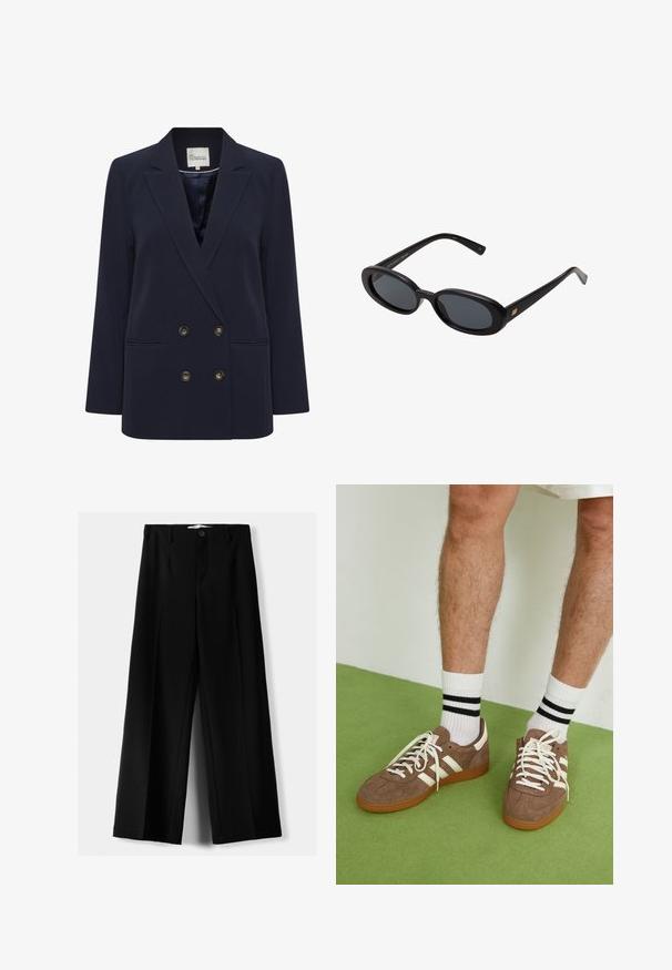 Granatowa marynarka podwójnie zapięta, wykonana z gładkiego materiału. Posiada dwie przednie kieszenie oraz guziki w kolorze złotym; ma wyprofilowany kołnierz i luźny krój.; Biały bawełniany top na ramiączkach z okrągłym dekoltem, bez rękawów, o dopasowanym kroju. Gładka tekstura, prosty fason i minimalne detale szwowe.; Czarne spodnie szerokie, wykonane z lekkiego materiału, z zapięciem na guzik z przodu i gładkim przodem, z starannie wykończonymi brzegami.; Brązowe zamszowe sneakersy z białymi akcentami i sznurówkami. Gumowa, brązowa podeszwa. Noszone z białymi skarpetkami w czarne paski. Zielona teksturowana podłoga.; Czarne, oversize okulary przeciwsłoneczne z owalnymi soczewkami, gładkim plastikowym mostkiem i złotymi akcentami na zausznikach. Ciemne soczewki zapewniają ochronę przed słońcem.