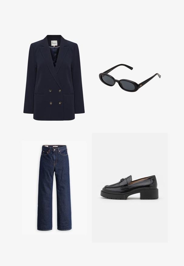 Námornícky modrá dvojradová blazerka vyrobená z hladkej tkaniny. Obsahuje dve predné vrecká a gombíky v zlatej farbe; štruktúrovaný klopa a uvoľnený strih.; Biela bavlnená tričko s krátkymi rukávmi a okrúhlym výstrihom. Na vnútornej strane goliera sa nachádza ružová nálepka. Hladká textúra.; Svetlomodrá blúzka z lesklej látky, s klasickým golierom, zapínaním na gombíky, naberanými rukávmi a tierovaným volánovým lemy.; Tmavomodré džínsy rovného strihu s piatimi vreckami, oranžovým prešívaním a zapínaním na gombík.; Čierne kožené loafre s nízkym blokovým opätkom, zaoblenou špičkou, dekoratívnym remienkom a textúrovaným štepovaním na vrchnáku. Hladký povrch.; Čierne oversized slnečné okuliare s oválnymi šošovkami, hladkým plastovým rámom a zlatými akcentmi na straniciach. Tmavé šošovky poskytujú ochranu pred slnkom.; Náhrdelník z ružového zlata s pendantom labute, zdobený čírymi kryštálmi. Reťaz je vybavená jemným dizajnom článkov.
