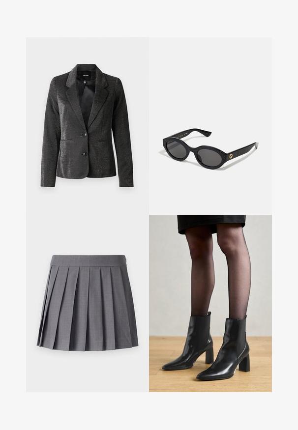 Fekete blézer fényes anyagból, élénk gallérral, két elülső zsebbel és két gombbal. A texturált felület vizuális érdekességet ad.; Szürke, rövidített pulóver széles nyakkivágással, hosszú ujjakkal és puha, textúrált kötött anyagból. Egyszerű dizájn, nincs mintázat vagy díszítés.; SOMETHINGNEW SNMEGAN MINI - Rakott szoknya - harbor mist; Fekete bőr bokacsizma, hegyes orral, vastag négyzetes sarkal és letisztult dizájnnal. Az egyszerű felvételt segítő elasztikus oldalsó panelek jellemzik.; Fekete ovális napszemüveg sötét lencsékkel és fényes műanyag kerettel. Aranyszínű logóval rendelkezik a szárán, amely elegáns és modern megjelenést biztosít.